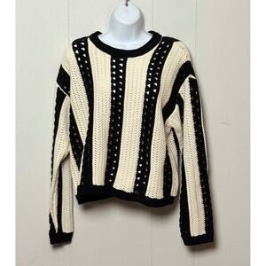 NWT And Now This Women's Crochet Stripe Sweater Black White Long Sleeve Size M